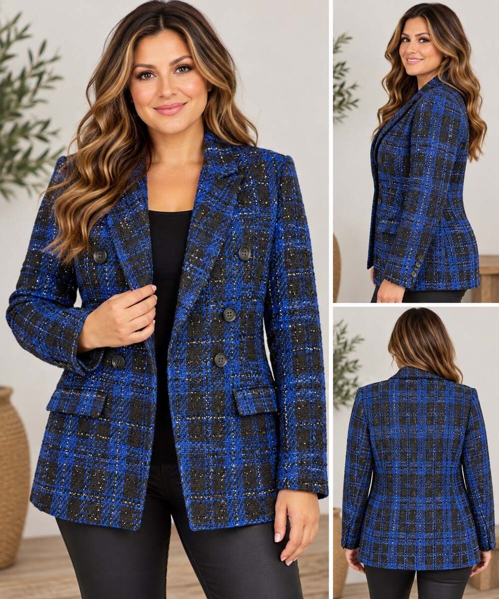 SO Womens Blue Blk Plaid Tweed Blazer Silver Metallic Double Breasted Jacket XL